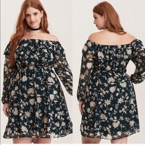 TORRID Floral Chiffon Off The Shoulder Skater Dress in Green